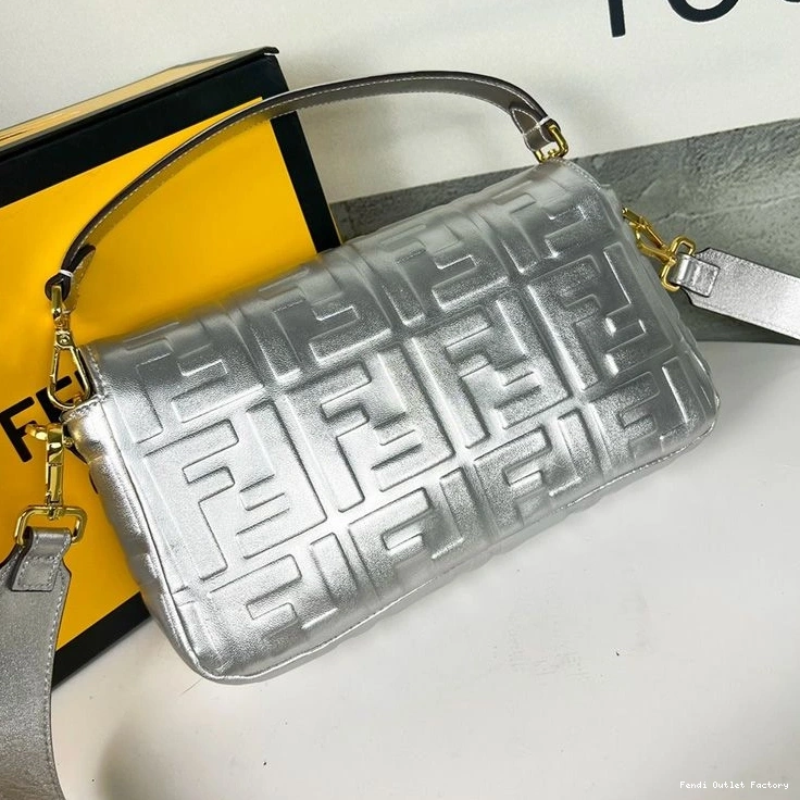 Cheap HOT Medium Motif Silver Fendi Leather FF Nappa Baguette In Bag 0707
